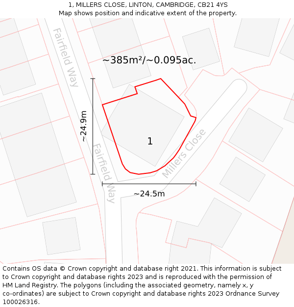 1, MILLERS CLOSE, LINTON, CAMBRIDGE, CB21 4YS: Plot and title map