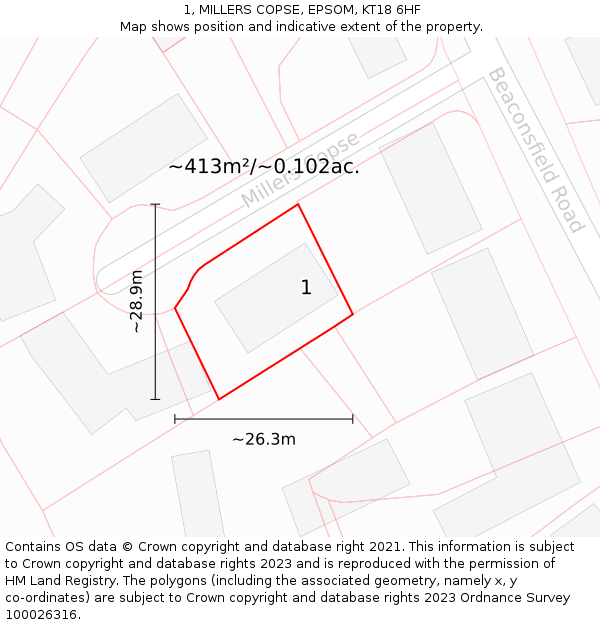 1, MILLERS COPSE, EPSOM, KT18 6HF: Plot and title map