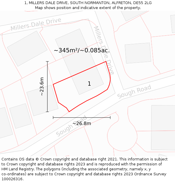 1, MILLERS DALE DRIVE, SOUTH NORMANTON, ALFRETON, DE55 2LG: Plot and title map