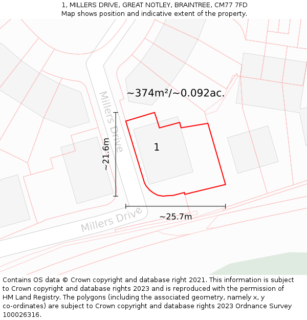 1, MILLERS DRIVE, GREAT NOTLEY, BRAINTREE, CM77 7FD: Plot and title map