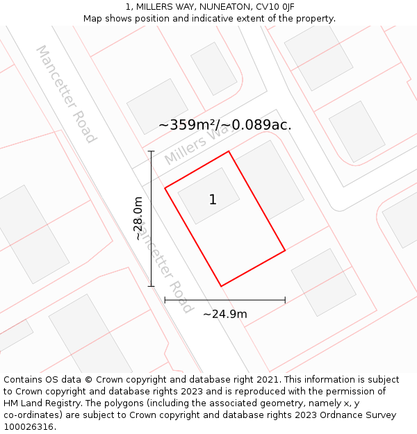 1, MILLERS WAY, NUNEATON, CV10 0JF: Plot and title map