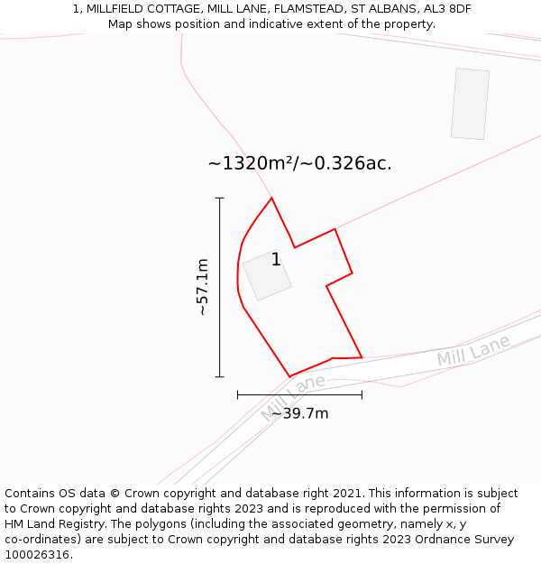 1, MILLFIELD COTTAGE, MILL LANE, FLAMSTEAD, ST ALBANS, AL3 8DF: Plot and title map