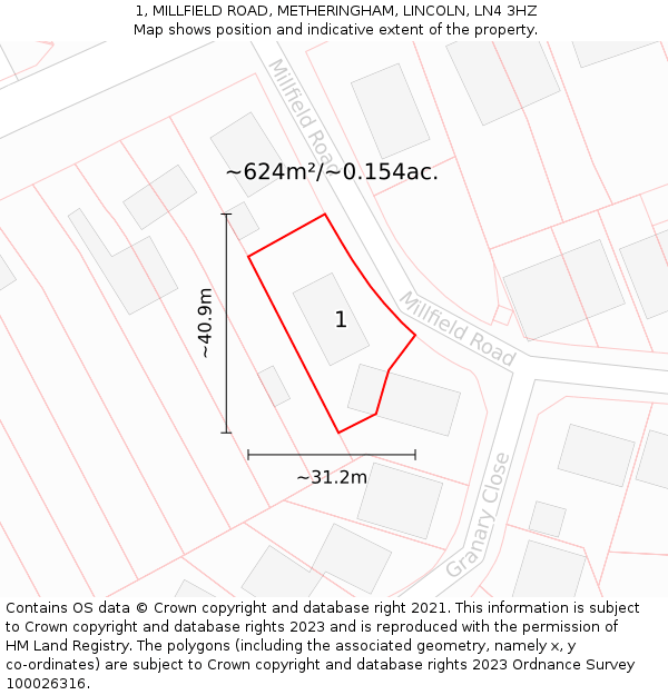 1, MILLFIELD ROAD, METHERINGHAM, LINCOLN, LN4 3HZ: Plot and title map