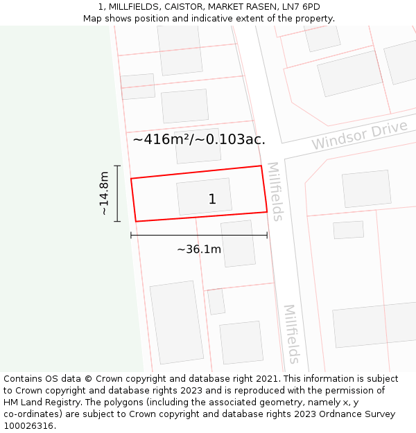 1, MILLFIELDS, CAISTOR, MARKET RASEN, LN7 6PD: Plot and title map