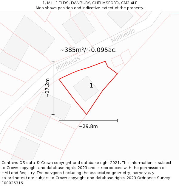 1, MILLFIELDS, DANBURY, CHELMSFORD, CM3 4LE: Plot and title map