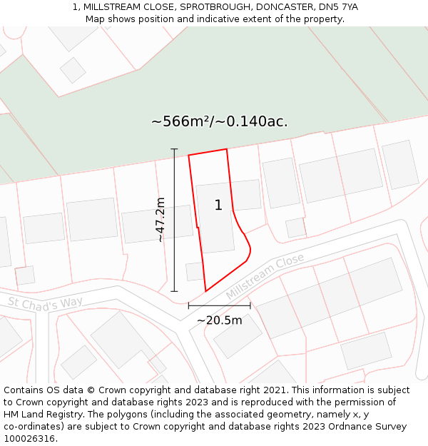 1, MILLSTREAM CLOSE, SPROTBROUGH, DONCASTER, DN5 7YA: Plot and title map