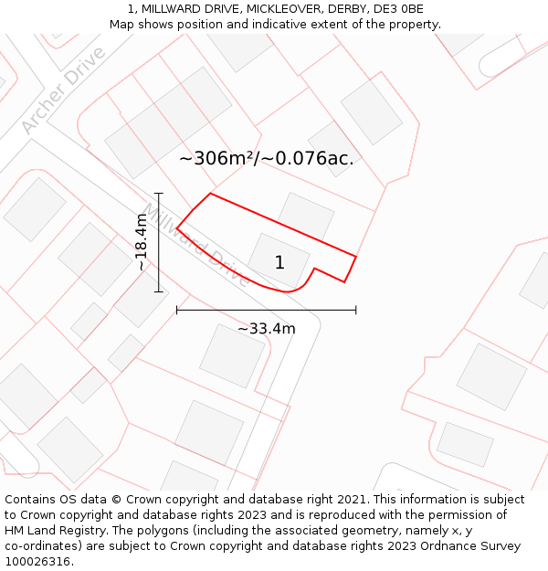 1, MILLWARD DRIVE, MICKLEOVER, DERBY, DE3 0BE: Plot and title map