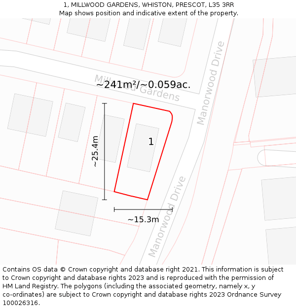 1, MILLWOOD GARDENS, WHISTON, PRESCOT, L35 3RR: Plot and title map