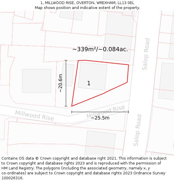 1, MILLWOOD RISE, OVERTON, WREXHAM, LL13 0EL: Plot and title map