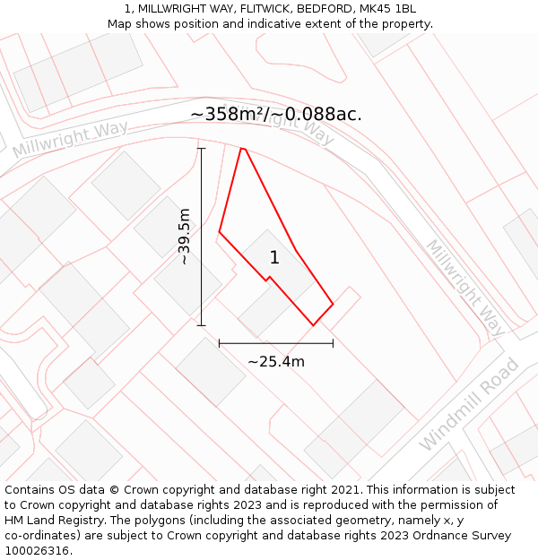 1, MILLWRIGHT WAY, FLITWICK, BEDFORD, MK45 1BL: Plot and title map