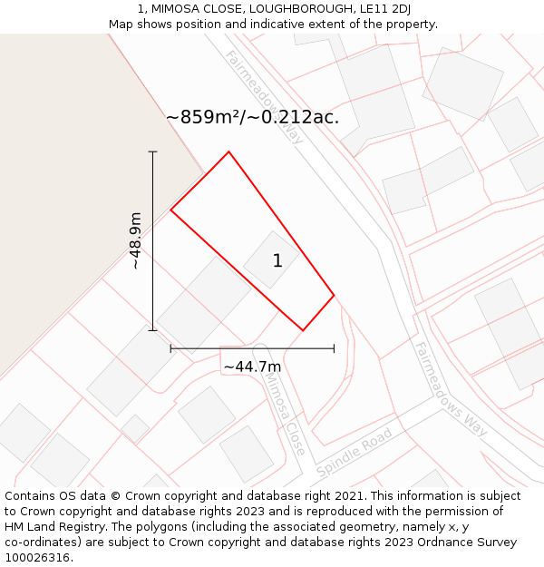 1, MIMOSA CLOSE, LOUGHBOROUGH, LE11 2DJ: Plot and title map