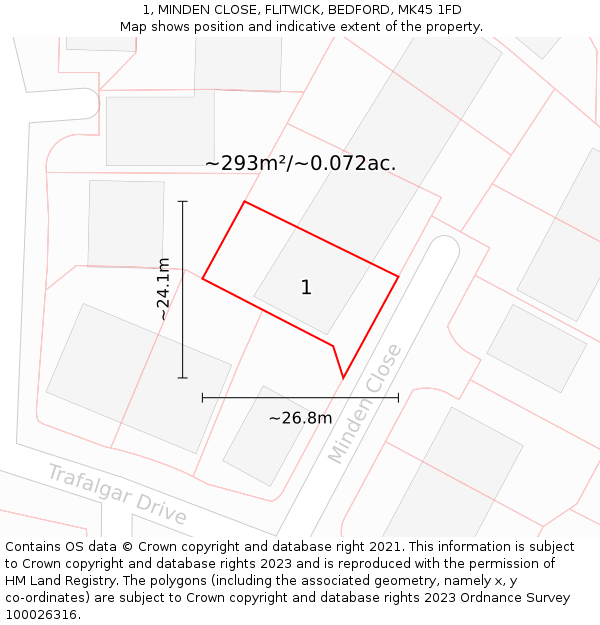 1, MINDEN CLOSE, FLITWICK, BEDFORD, MK45 1FD: Plot and title map