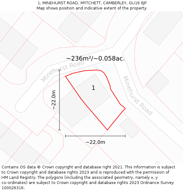 1, MINEHURST ROAD, MYTCHETT, CAMBERLEY, GU16 6JP: Plot and title map