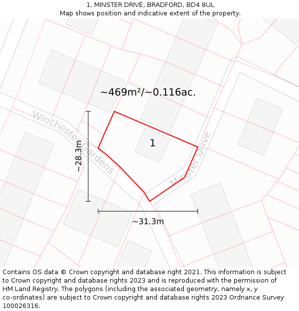 1, MINSTER DRIVE, BRADFORD, BD4 8UL: Plot and title map