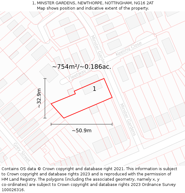 1, MINSTER GARDENS, NEWTHORPE, NOTTINGHAM, NG16 2AT: Plot and title map
