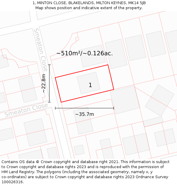 1, MINTON CLOSE, BLAKELANDS, MILTON KEYNES, MK14 5JB: Plot and title map
