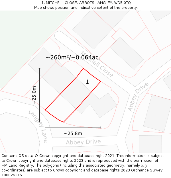 1, MITCHELL CLOSE, ABBOTS LANGLEY, WD5 0TQ: Plot and title map
