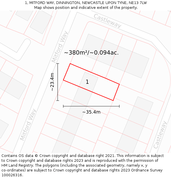 1, MITFORD WAY, DINNINGTON, NEWCASTLE UPON TYNE, NE13 7LW: Plot and title map