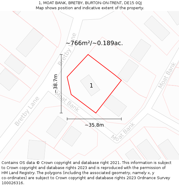 1, MOAT BANK, BRETBY, BURTON-ON-TRENT, DE15 0QJ: Plot and title map