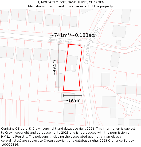 1, MOFFATS CLOSE, SANDHURST, GU47 9EN: Plot and title map