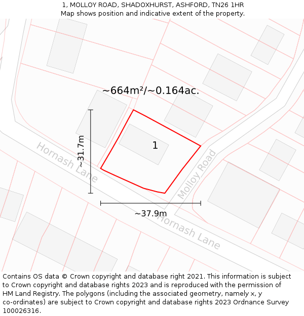 1, MOLLOY ROAD, SHADOXHURST, ASHFORD, TN26 1HR: Plot and title map