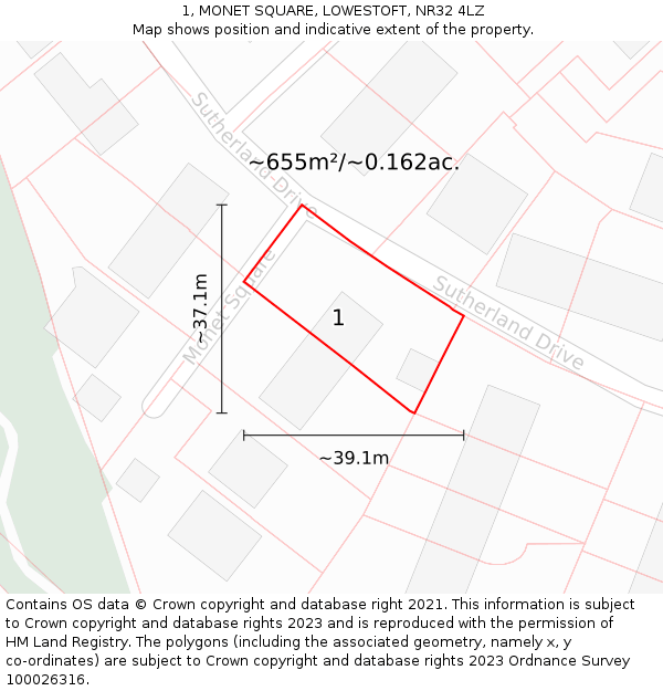 1, MONET SQUARE, LOWESTOFT, NR32 4LZ: Plot and title map