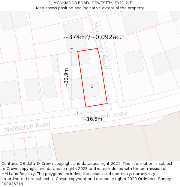 1, MONKMOOR ROAD, OSWESTRY, SY11 2LB: Plot and title map