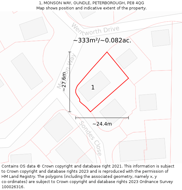 1, MONSON WAY, OUNDLE, PETERBOROUGH, PE8 4QG: Plot and title map