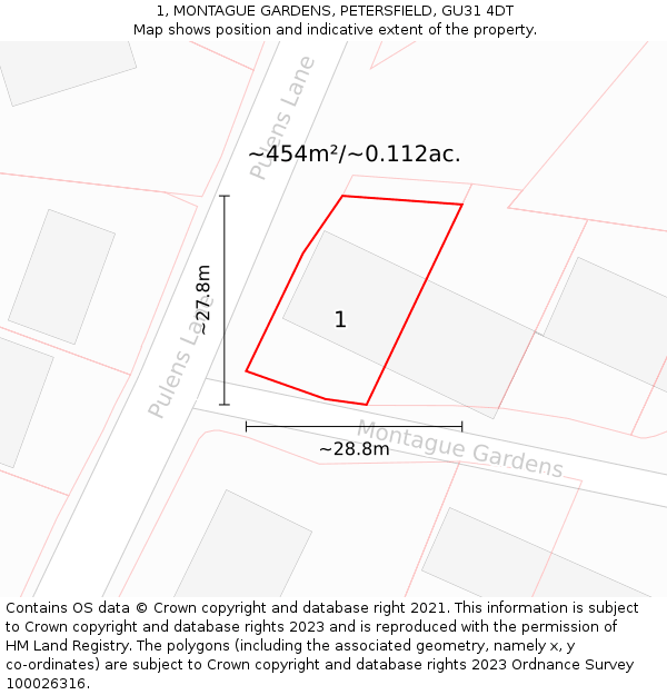1, MONTAGUE GARDENS, PETERSFIELD, GU31 4DT: Plot and title map