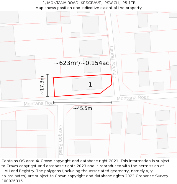 1, MONTANA ROAD, KESGRAVE, IPSWICH, IP5 1ER: Plot and title map