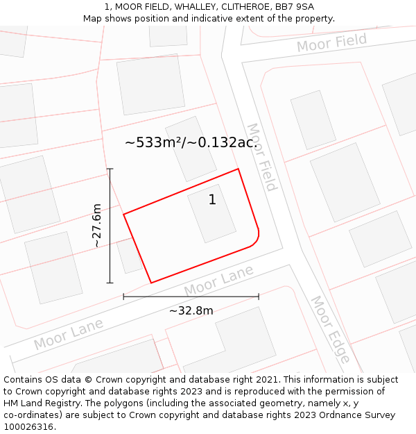 1, MOOR FIELD, WHALLEY, CLITHEROE, BB7 9SA: Plot and title map
