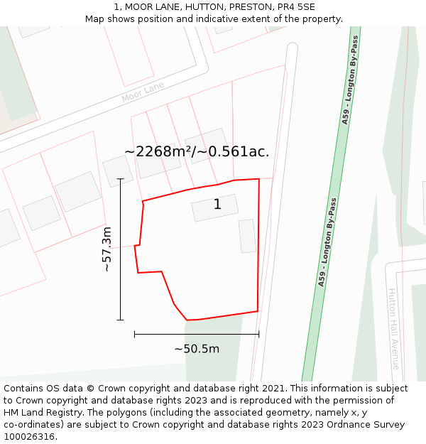 1, MOOR LANE, HUTTON, PRESTON, PR4 5SE: Plot and title map