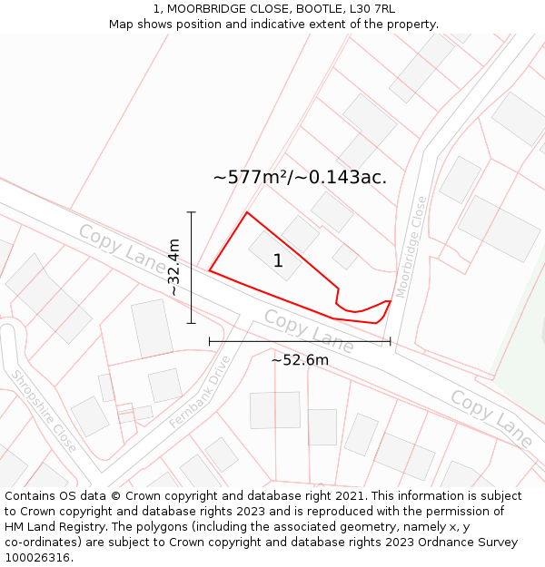 1, MOORBRIDGE CLOSE, BOOTLE, L30 7RL: Plot and title map