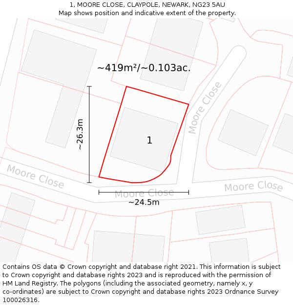 1, MOORE CLOSE, CLAYPOLE, NEWARK, NG23 5AU: Plot and title map