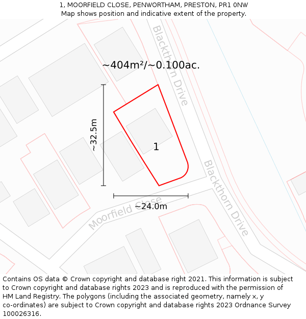 1, MOORFIELD CLOSE, PENWORTHAM, PRESTON, PR1 0NW: Plot and title map