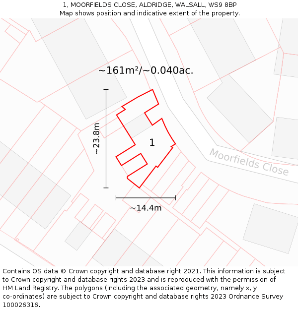 1, MOORFIELDS CLOSE, ALDRIDGE, WALSALL, WS9 8BP: Plot and title map