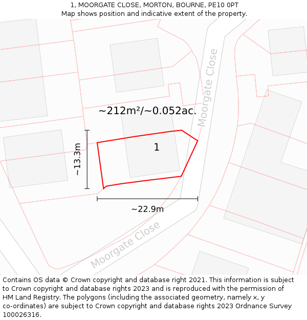1, MOORGATE CLOSE, MORTON, BOURNE, PE10 0PT: Plot and title map