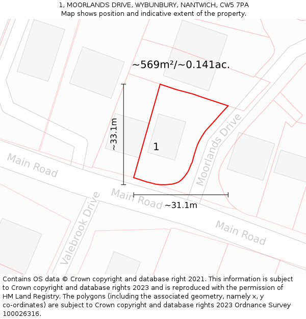 1, MOORLANDS DRIVE, WYBUNBURY, NANTWICH, CW5 7PA: Plot and title map
