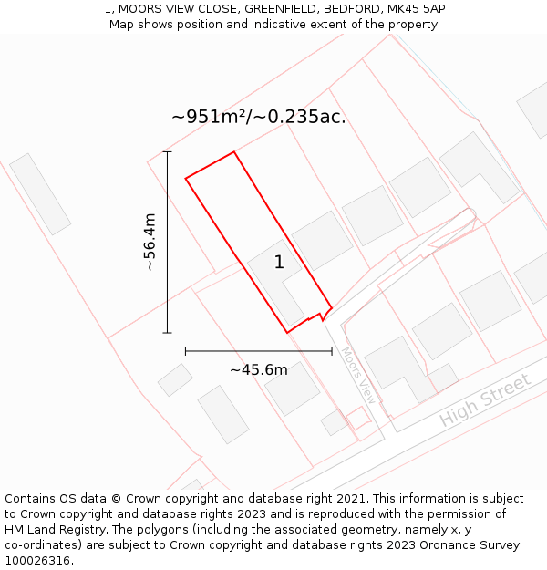 1, MOORS VIEW CLOSE, GREENFIELD, BEDFORD, MK45 5AP: Plot and title map