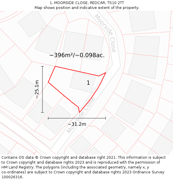 1, MOORSIDE CLOSE, REDCAR, TS10 2TT: Plot and title map