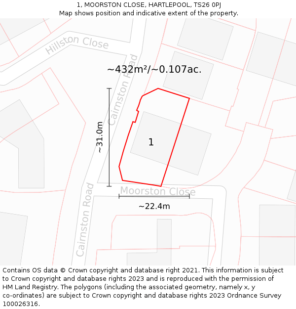 1, MOORSTON CLOSE, HARTLEPOOL, TS26 0PJ: Plot and title map