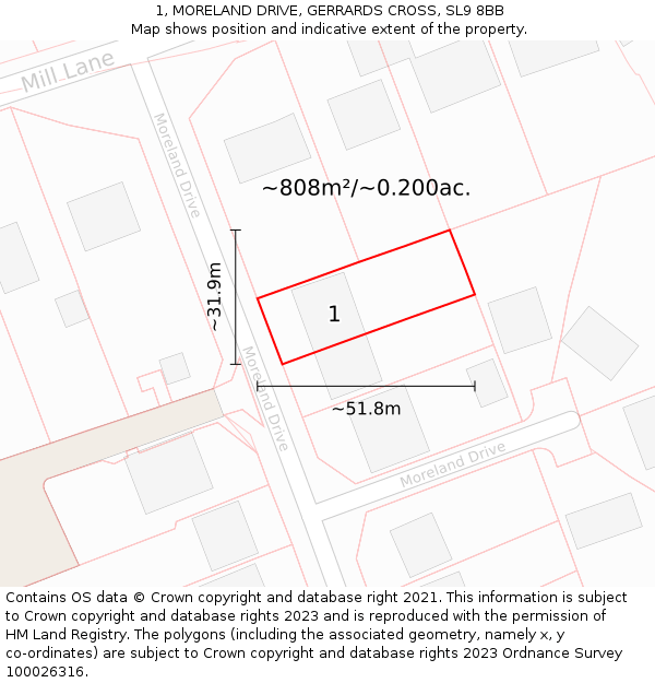 1, MORELAND DRIVE, GERRARDS CROSS, SL9 8BB: Plot and title map