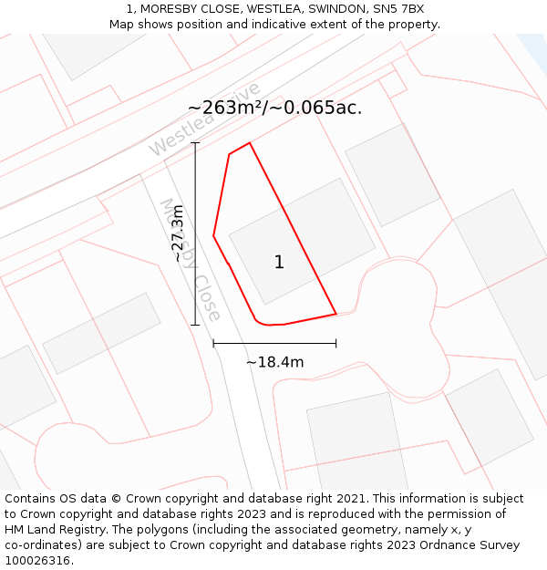 1, MORESBY CLOSE, WESTLEA, SWINDON, SN5 7BX: Plot and title map