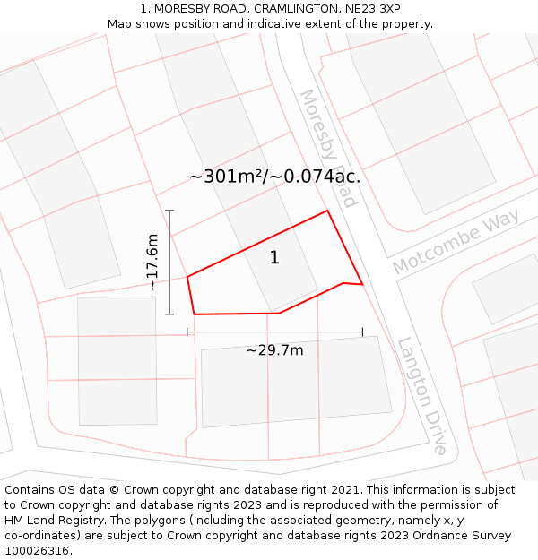 1, MORESBY ROAD, CRAMLINGTON, NE23 3XP: Plot and title map
