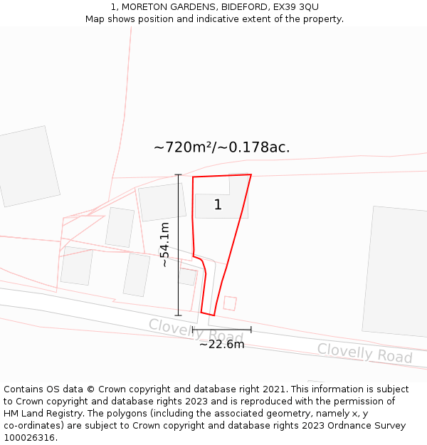 1, MORETON GARDENS, BIDEFORD, EX39 3QU: Plot and title map