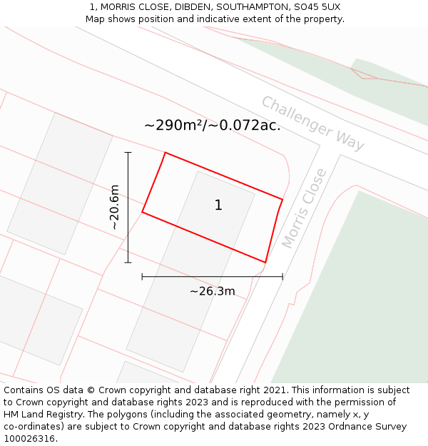 1, MORRIS CLOSE, DIBDEN, SOUTHAMPTON, SO45 5UX: Plot and title map