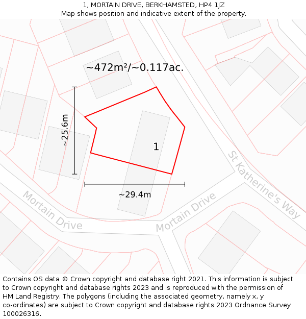 1, MORTAIN DRIVE, BERKHAMSTED, HP4 1JZ: Plot and title map