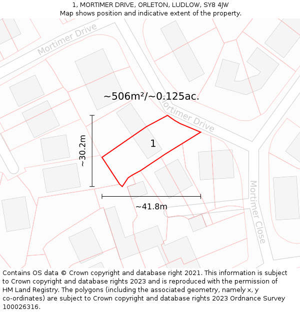 1, MORTIMER DRIVE, ORLETON, LUDLOW, SY8 4JW: Plot and title map