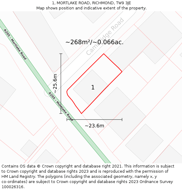 1, MORTLAKE ROAD, RICHMOND, TW9 3JE: Plot and title map