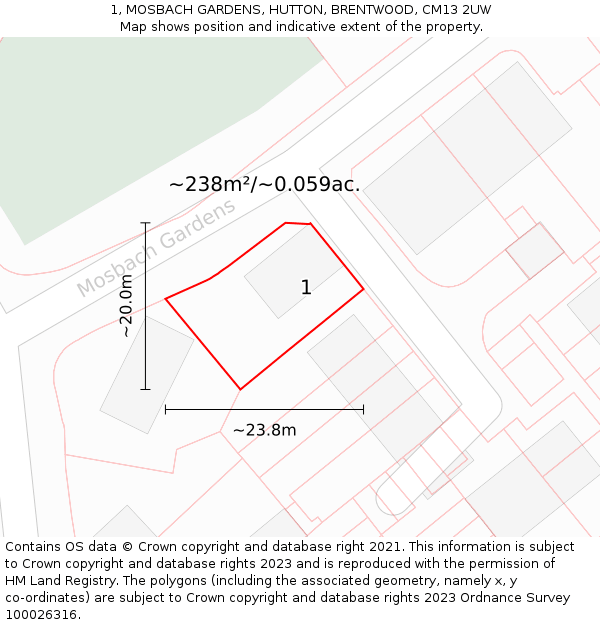 1, MOSBACH GARDENS, HUTTON, BRENTWOOD, CM13 2UW: Plot and title map